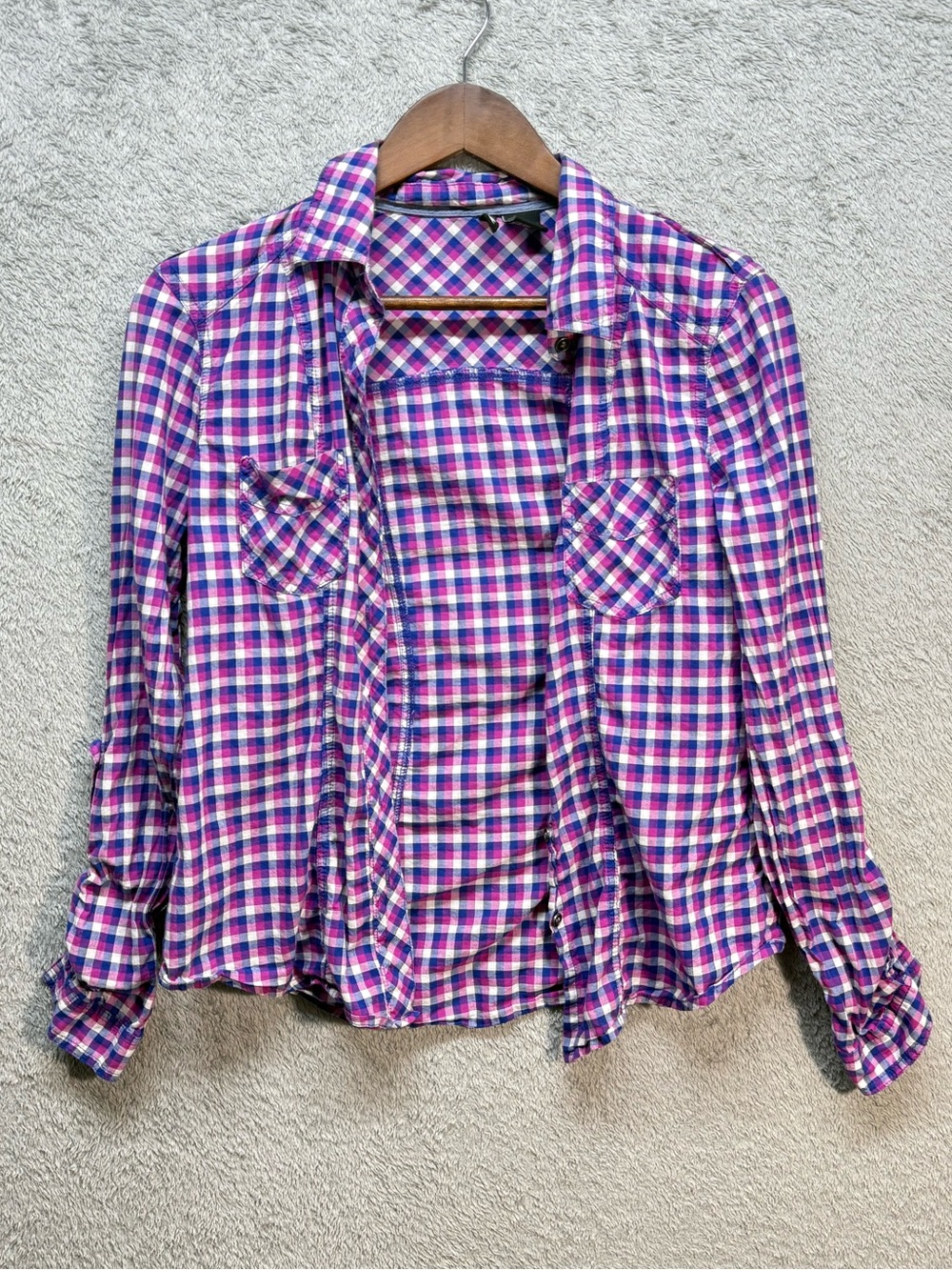 Ultra Flirt Plaid Button Down Shirt Size M Pink Blue Gingham Long Sleeve Roll